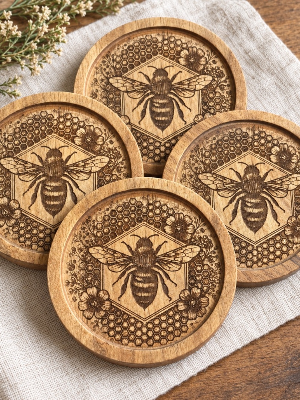 Handcrafted Engraved Acacia Wood Bee Coasters – Set of 4